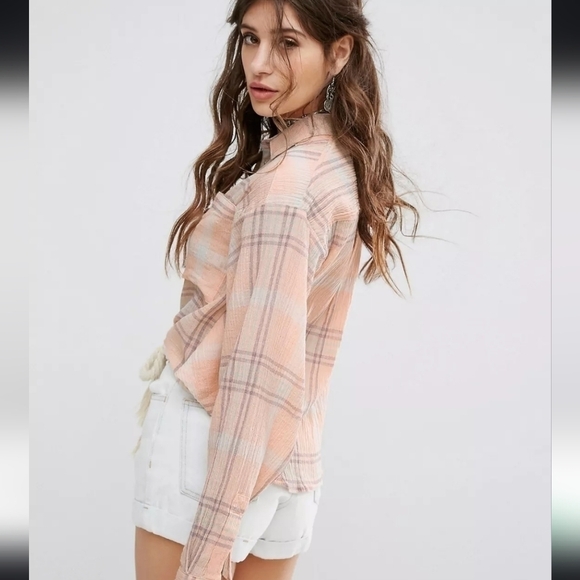 Free People Cropped Cutie Plaid button down Shirt womens size XS - Picture 6 of 11
